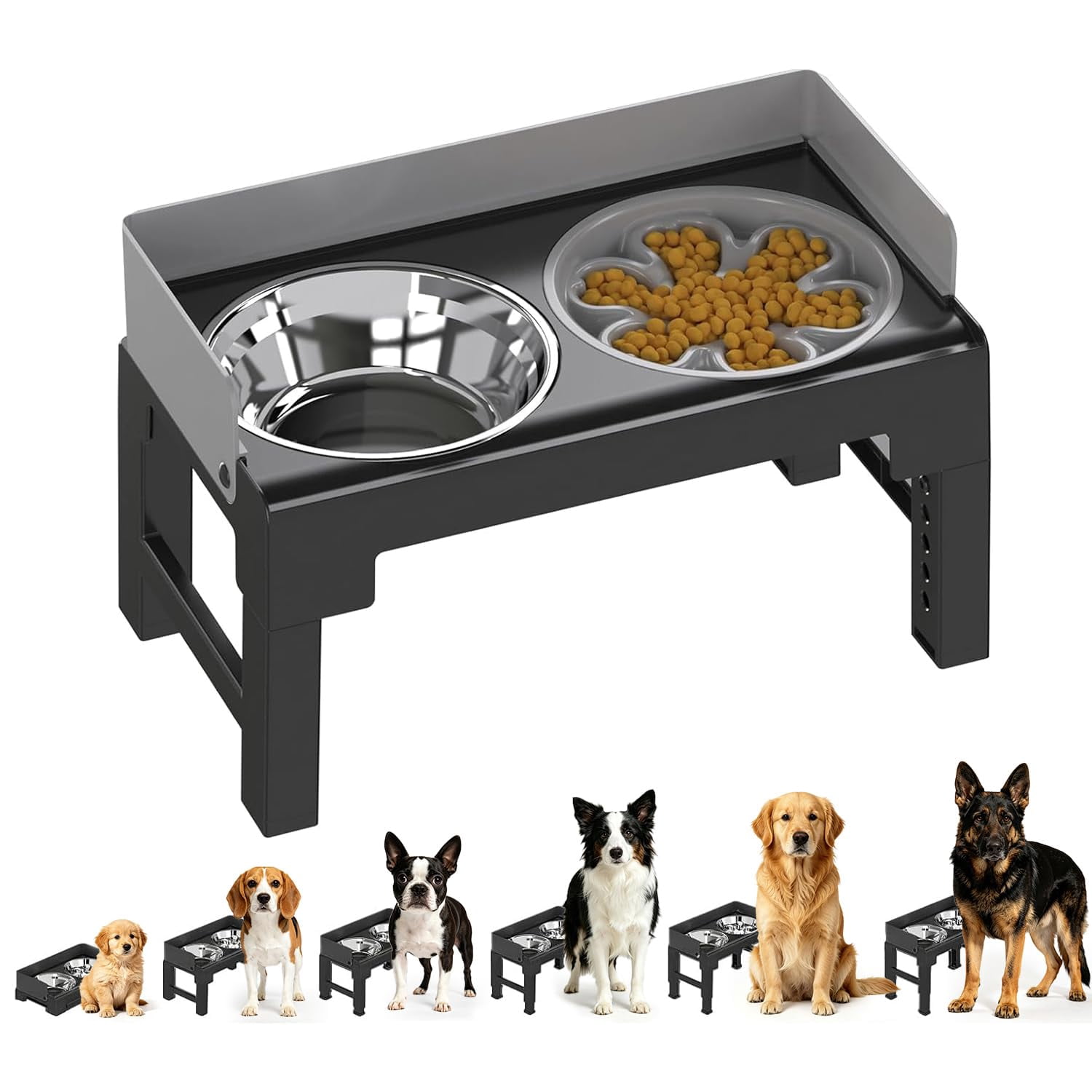 6-height adj. spill-proof tiltable dog feeder w/ 1 slow feeder & 1 stainless bowl. Ergonomic raised design for med/large dogs, promotes joint health & digestion. Easy-clean slip, black.