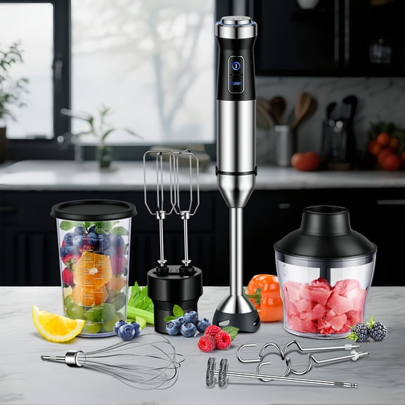 6-in-1 1000W Handheld Immersion Blender - 20-Speed Turbo Titanium Blades Dough Hooks Egg Beaters 800ml Beaker 600ml Chopper BPA-Free