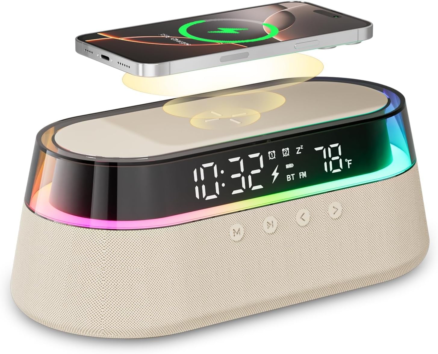6 In 1 Alarm Clock For Bedroom Digital Speaker Wireless Charging 15w