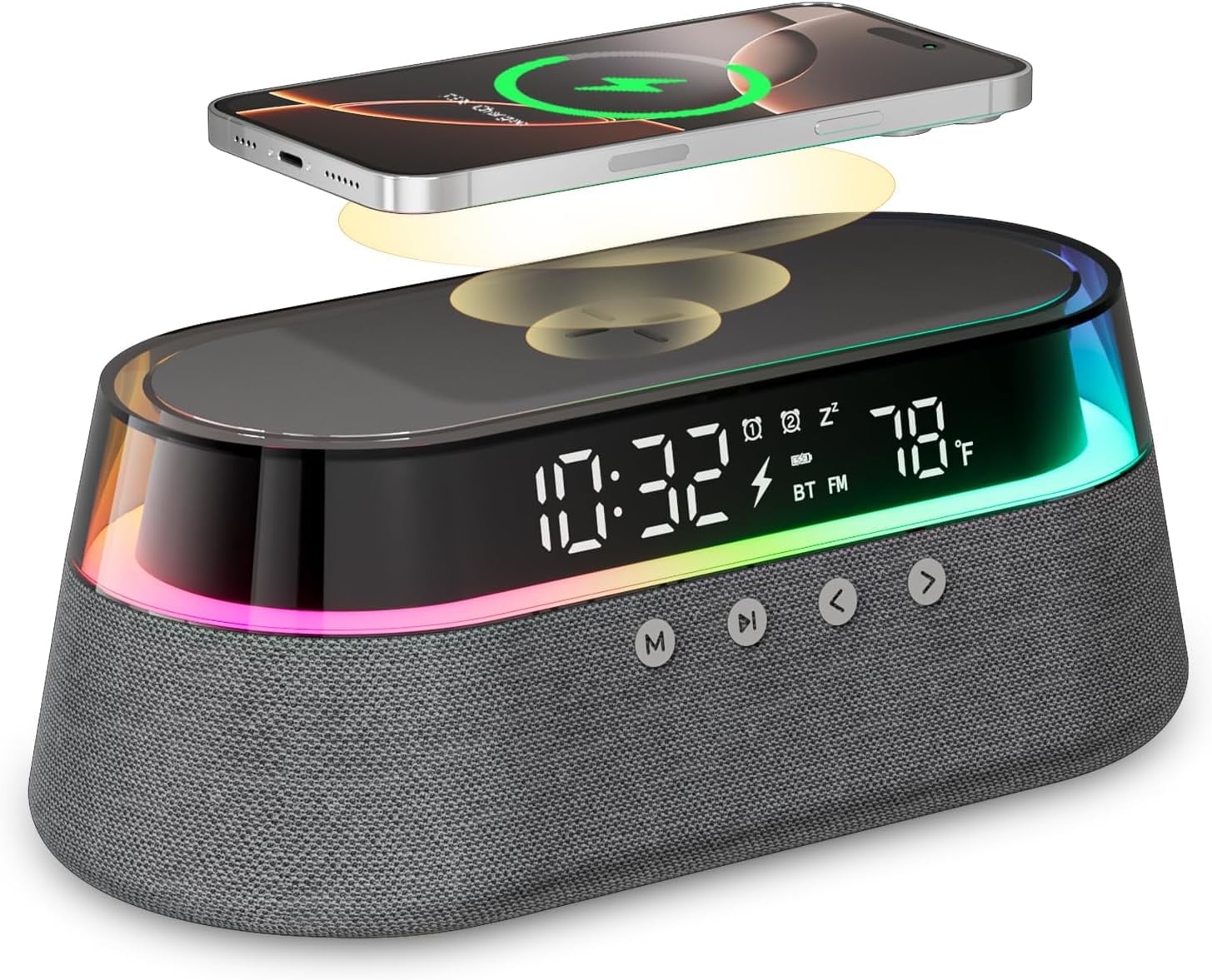 6 In 1 Alarm Clock For Bedroom Digital Speaker Wireless Charging 15w