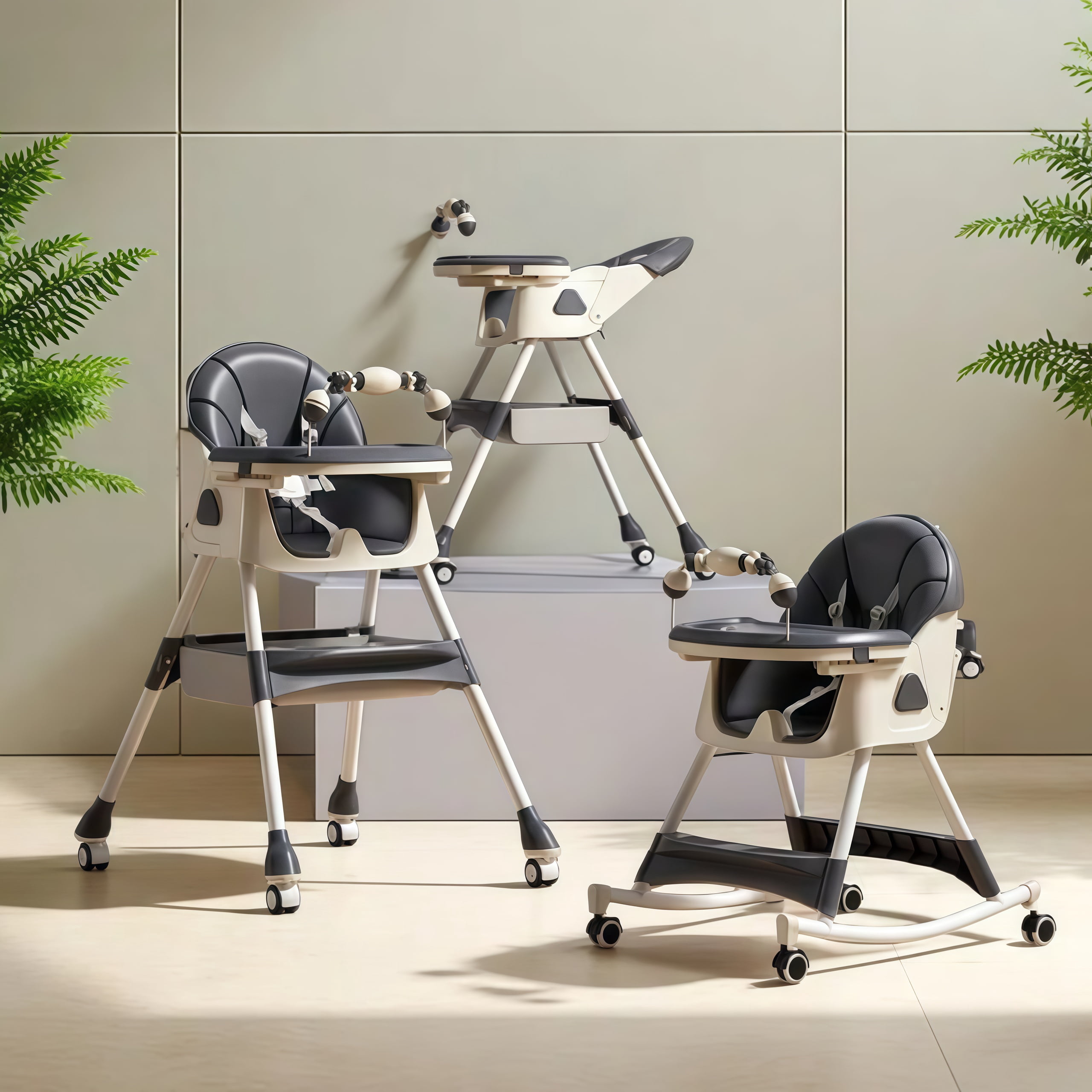 6-in-1 Baby High Chair Convertible Baby Feeding Chairs & Baby scooter with Portable Tray and Toy Rack for 0-36 Months,Grey