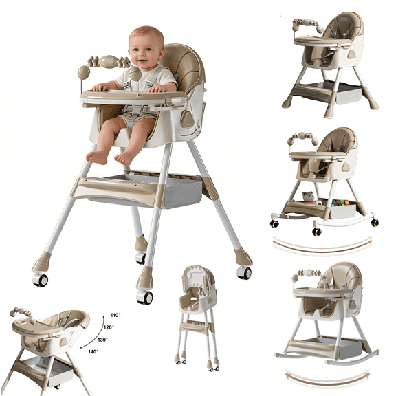 6-in-1 Baby High Chair Convertible Baby Feeding Chairs & Portable Baby Rocking Chairs with Double-Layer Tray and Toy Rack for 0-36 Months,Beige