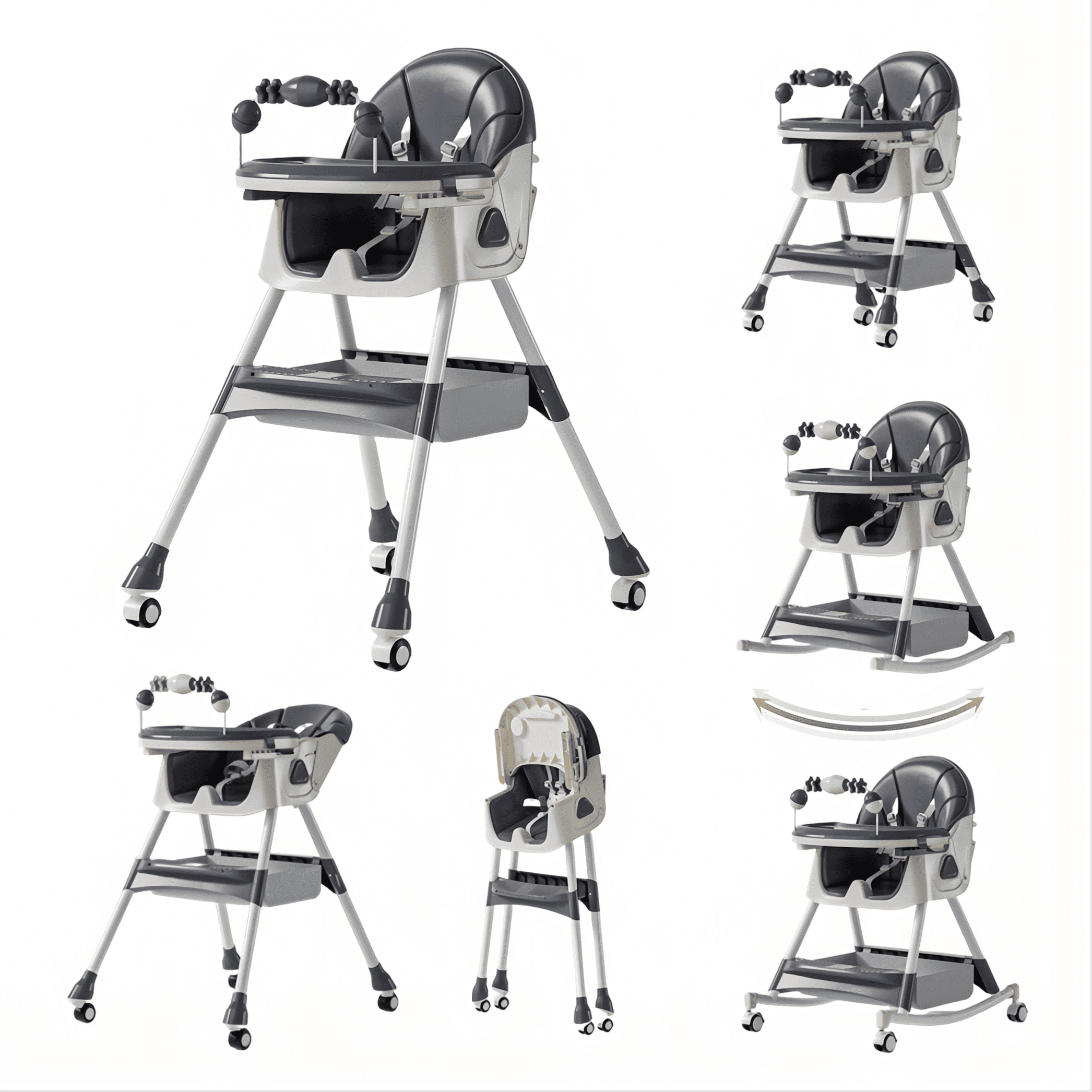 6 in 1 Baby High Chair & Rocking Chair with Locked Wheel for 6 Months to 12 Years,Convertible Baby scooter & Feeding Chair ,GREY