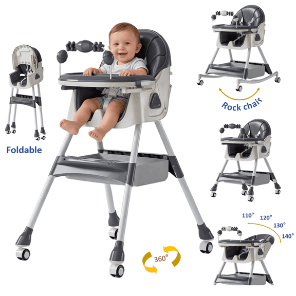 6-in-1 Baby High Chair, Toddler Eating Chair , Multifunctional Rocker with Removable Double Trays & Toy Arch, Lightweight 10.8 lbs for Babies 6 Months-6 Years, Grey