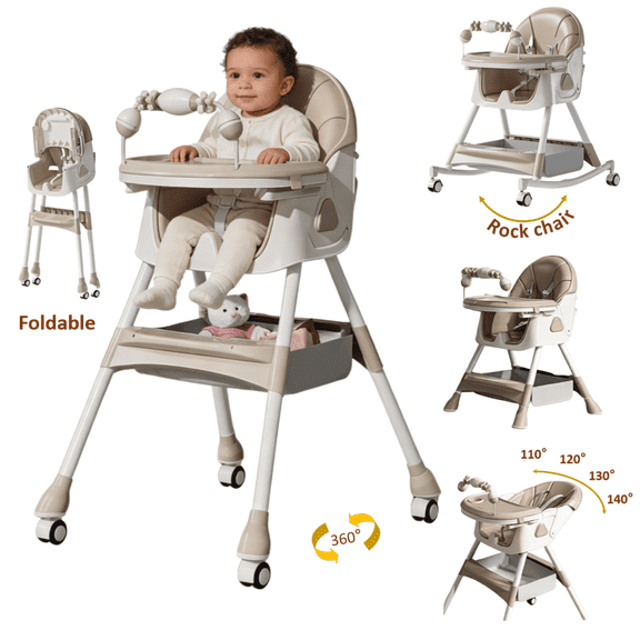 6-in-1 Baby High Chair, Toddler Eating Chair , Multifunctional Rocker with Removable Double Trays & Toy Arch, Lightweight 10.8 lbs for Babies 6 Months-6 Years, KHAKI
