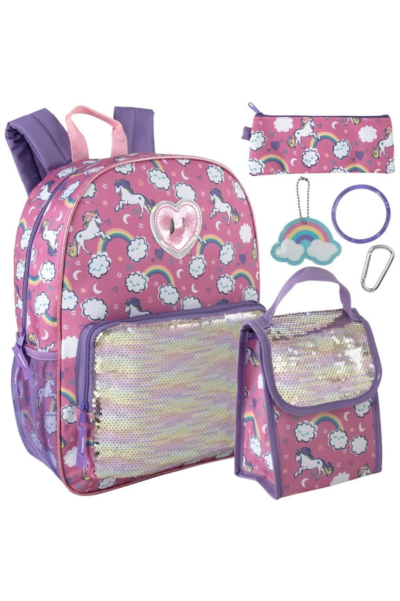 6 in 1 Females Backpack with Matching Lunch Bag, Pencil Case, Keychain, Bracelet & Carabiner Clip in Sparkle Unicorns Print