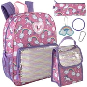 6 in 1 Females Backpack with Matching Lunch Bag, Pencil Case, Keychain, Bracelet & Carabiner Clip in Sparkle Unicorns Print
