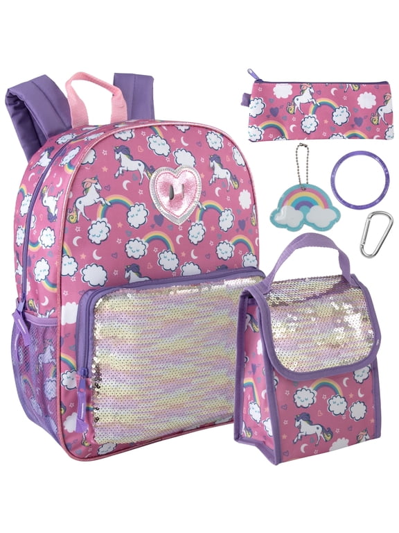 6 in 1 Females Backpack with Matching Lunch Bag, Pencil Case, Keychain, Bracelet & Carabiner Clip in Sparkle Unicorns Print