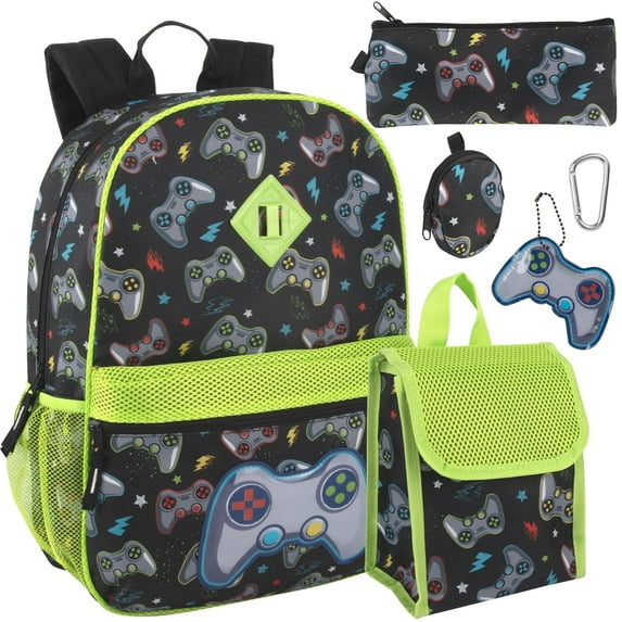 6 in 1 Backpack with Matching Lunch Bag, Pencil Case, Keychain, Coin Pouch & Carabiner Clip in Ready Player Print