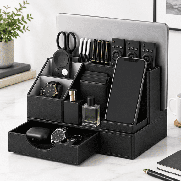 6-in-1 Black PU Leather Desktop Organizer with Phone Stand and Drawer