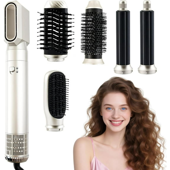 6-in-1 Blow Dryer Brush and Hair Styler Set, Hot Air Brush with 6 Interchangeable Attachments for Curling, Straightening, Drying and Volumizing, Negative Ion Technology,GOLD