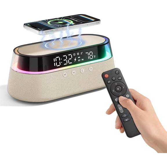 6-in-1 Bluetooth Speaker Alarm Clock with Remote, 15W Fast Wireless Charger, FM Radio & Dimmable LED Night Light, Dual Digital Clock for Bedroom Home Office, Ideal Gifts for Him, Men Women