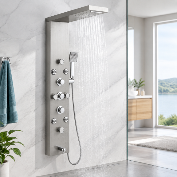 6-in-1 Brushed Surface Rainfall Waterfall Shower Panel Tower System
