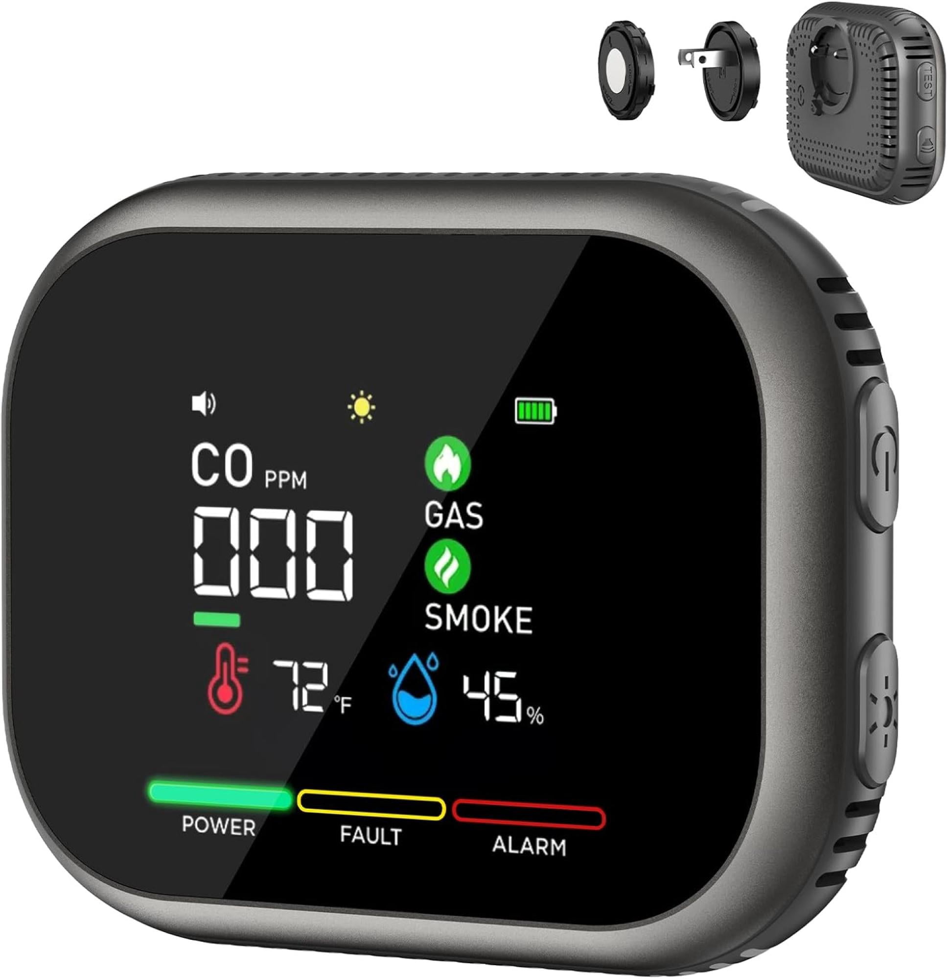 6-in-1 CO, Smoke, Gas Detector - Portable Plug-in Safety Device with Built-in Battery, High-Precision Sensors, 85dB Alarm, and Rotatable Color Screen for Home, RV, Hotel, and Travel Use Black