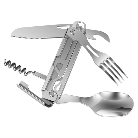 6-in-1 Camping Utensil Flatware Set Hiking Cutlery Set Detachable Spoon Fork Knife, Can Openers, Corkscrew, Reamer for Outdoor Events Adventures