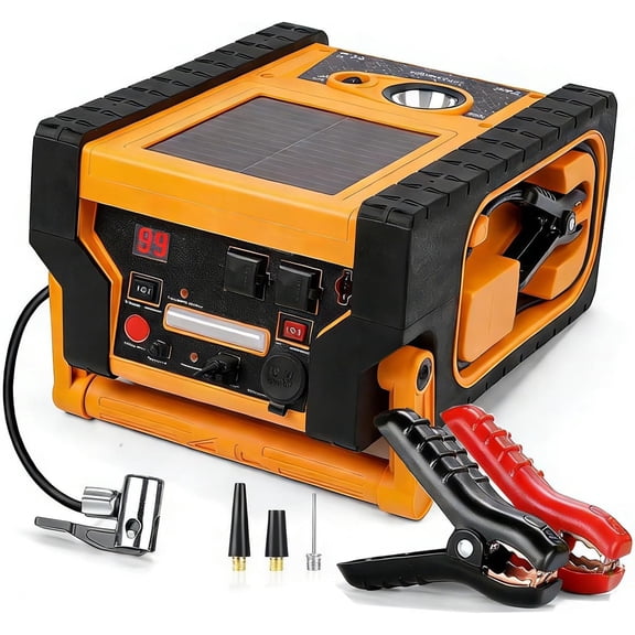 6-in-1 Car Battery Jump Starter with Air Compressor - 2000A Jump Starter with Air Compressor 12V Battery Jumper Box 400 Watt Inverter Power Station with AC/DC/USB Outlets (10L Gas/8L Diesel)