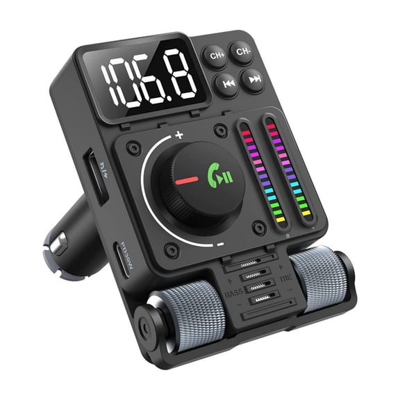 6-in-1 Car Bluetooth FM Transmitter, USB Flash Drive MP3 Player with RGB Equalizer Ambient Light, Bass/Treble Adjust Car Charger, Wireless FM Radio Adapter for All Vehicles Phones USB Music Playback