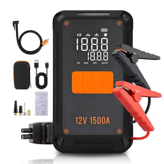 6-in-1 Car Jump Starter with Air Compressor, 1500A Portable Battery Booster Pack, 150 PSI Tire Inflator, 6000mAh USB-C Power Bank, Dual Digital Display, LED SOS Light for Cars, SUVs, Motorcycles