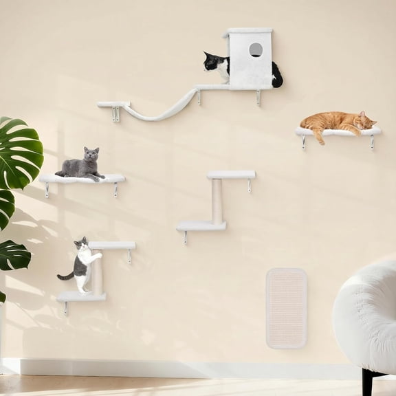 6-in-1 Cat Wall Shelves, Wall-Mounted Cat Furniture for Indoor Kittens, Cat Shelves for Wall with Scratching Posts, Bed, Perch, Bridge, Condo, Steps and Scratcher, Space-Saving Gym