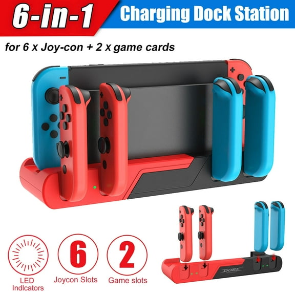 6-in-1 Charging Station Fit for Nintendo Switch, Nintendo Switch OLED, Joy-Con Controller, Fast Charging Dock with 2 Game Card Slots, LED Indicator, Portable, Mini Detachable Charging Stand