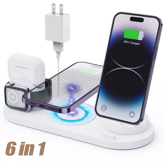 6 in 1 Charging Station, Wireless Charger,Compatible for iPhone, Apple Watch, AirPods & Android Devices,15W Fast Charging,White