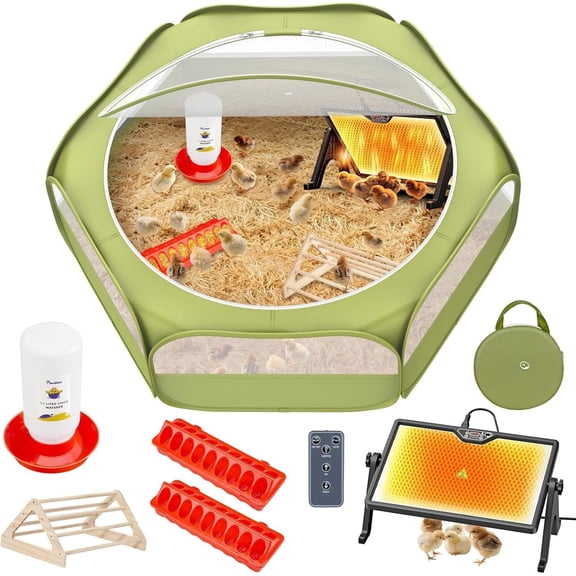 6-in-1 Chicken Brooder Box for Chick Starter Kit, Includes Pet Cage Tent, Brooders Heating Plate, Chicks Perch, Feeder and 1.1L Chick Waterer, Chicks Supplies (Brooder Set)