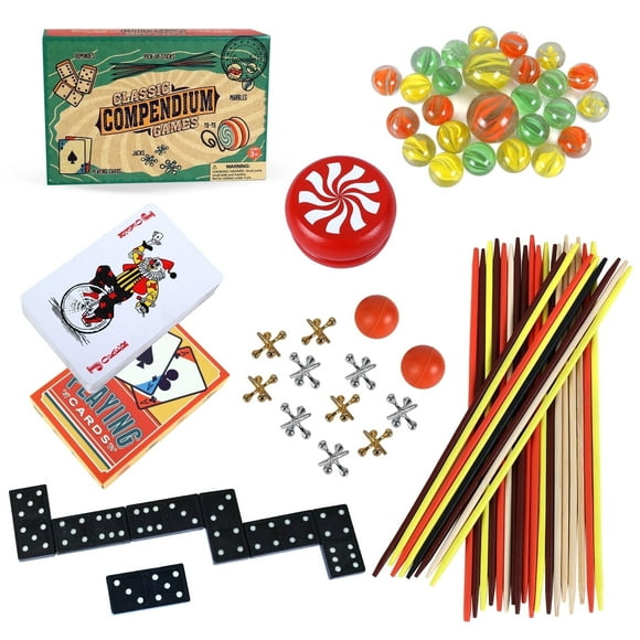 Fugocen 6-in-1 Classic Games Set, Double 6 Dominoes, Pick Up Sticks, Playing Card, Marbles, Jacks, YO-YO Board Games for Kids Family