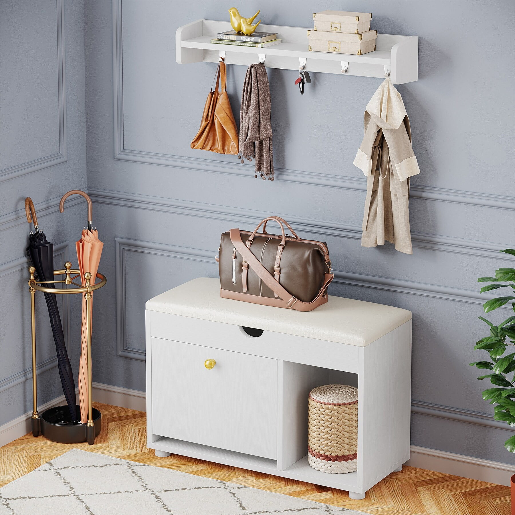 6in1 Coat Rack Shoe Storage Bench Set, Entryway Hall Tree with Shoe Bench & Storage for Living