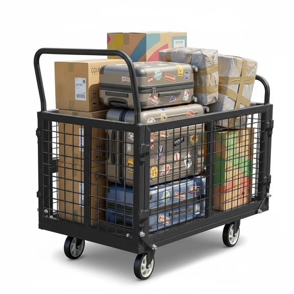 6-in-1 Convertible Folding Platform Truck Cart, 2000 lb Heavy-Duty Steel Flatbed w/ Mesh Cage & Basket, 39 x 24 in Deck, Locking Casters for Warehouse/Factory Moving - Black