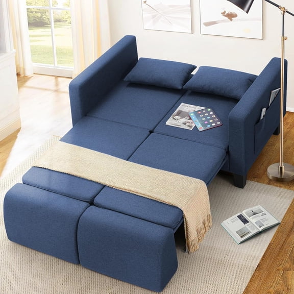 6-in-1 Convertible Sofa Bed with Storage, Blue Loveseat Sleeper for Small Spaces