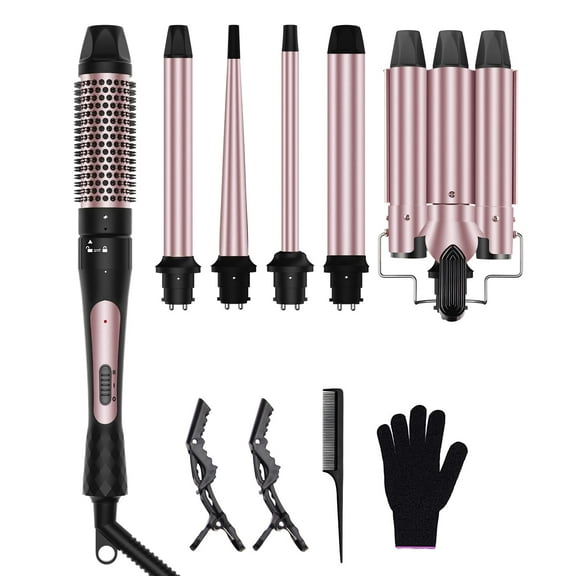 6 in 1 Curling Wand Set,Interchangeable Tourmaline Ceramic Barrels Hair Wand ,2 Temp Heating Setting,Protective Glove & 2 Clips