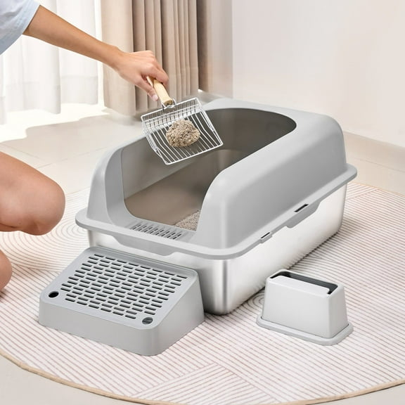 6-in-1 Deep Cat Litter Box Odor-Free with Filtering Footboard, Large Capacity, Non-Stick, Easy Clean, for Multi-Cat Homes