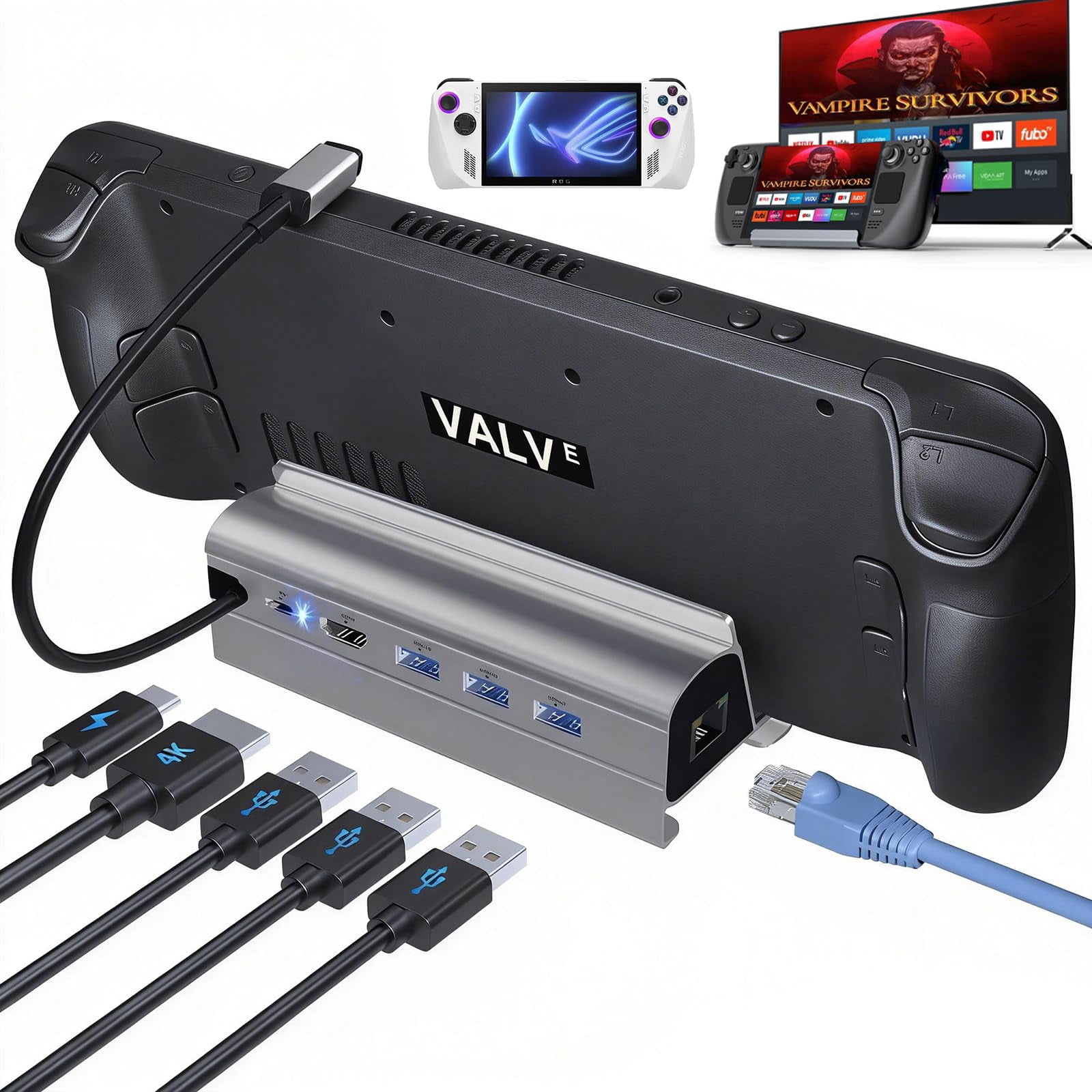6-in-1 Docking Station,Steam Deck Dock for OLED/ROG Ally/Legion Go/MSI Claw,4K@60Hz USB C Hub with HDMI 2.0, 1000Mbps Gigabit Ethernet, 3 USB-A 3.0 and 100W Full Speed Charging (Sliver)