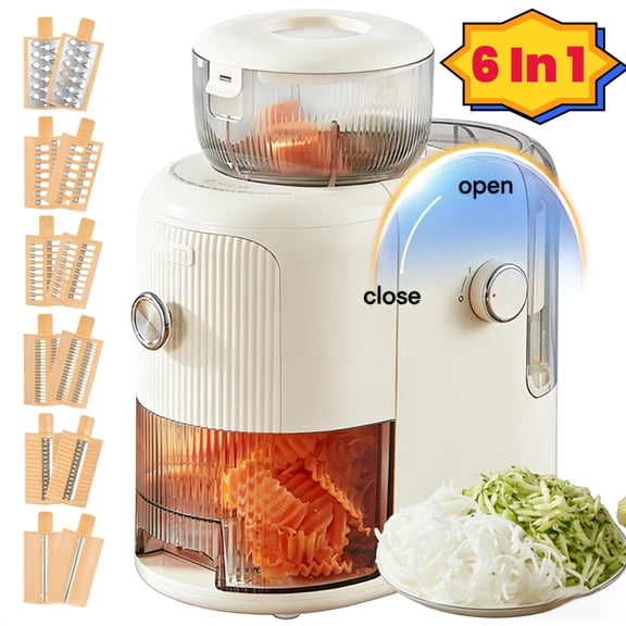 6 in 1 Electric Cheese Grater Vegetable Chopper with 1.8L Container, 3.6 Inch Wide Chute, Dishwasher Safe for Kitchen Prep, FOHERE