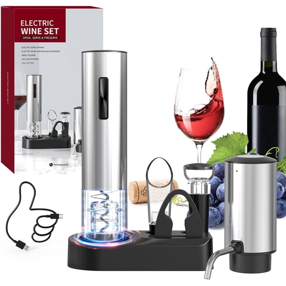 6-in-1 Electric Wine Opener Set Rechargeable Stainless Steel Wine Opener Gift Set with Foil Cutter, Rechargeable & Manual Wine Aerator Pourers, Vacuum Wine Stopper and Storage Base, Silver
