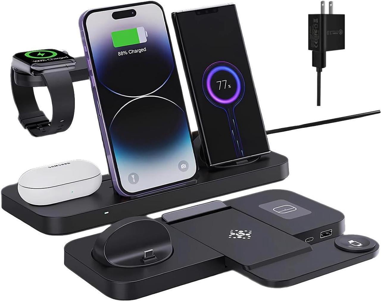 6-in-1 Fast Wireless Charging Station for iPhone 16/15/14/13 Series, Apple Watch Ultra/9/8/7/6/5/4/3/2/1, AirPods Pro/1/2,18W Qi-Certified Wireless Charger with QC 3.0 Adapter