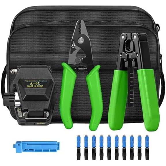 6-in-1 Fiber optic tool kit with high-precision A-6C Optical Fiber Cleaver and Multi functional three port Fiber optic stripping pliers, well as 10pcs SCUPC Fiber optic quick connector