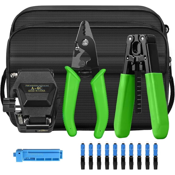 6-in-1 Fiber optic tool kit with high-precision A-6C Optical Fiber Cleaver and Multi functional three port Fiber optic stripping pliers, well as 10pcs SCUPC Fiber optic quick connector