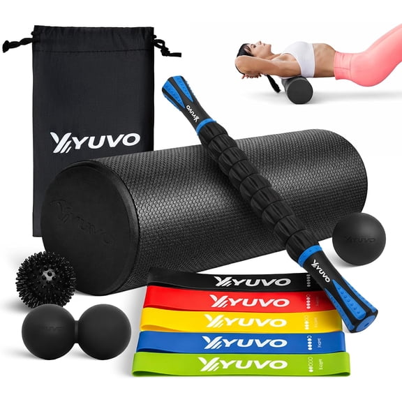6-in-1 Foam Roller Recovery Set - 18" Trigger Point Muscle Roller, Massage Stick, 5 Resistance Bands, Massager Balls Kit with Carrying Bag - Full Body Recovery, Stretching & Exercise Equipment