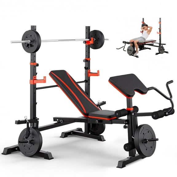 6-in-1 Foldable Olympic Weight Bench Set – 1500LBS Weight Capacity, Squat Rack, Leg Extension/Curl, Preacher Curl & Adjustable Bench Press with Safety Catches for Full Body Home Gym Workouts