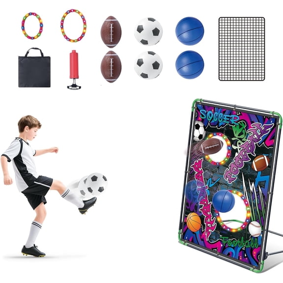 6-in-1 Football Toss Game, Kids Football Throwing Target with 2 Soccer Balls, 2 Footballs, 2 Basketballs, Indoor Outdoor Sports Game Gift for Boys and Girls