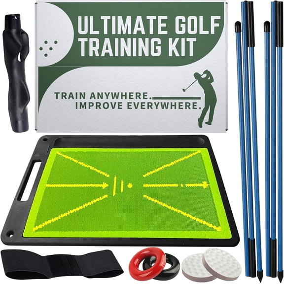 6-in-1 Golf Aid with Divot Board, Golf Trainer, Swing Trainer, Alignment Sticks | Golf Accessories for Men & Women | Hitting Mat Practice Indoor & Outdoor