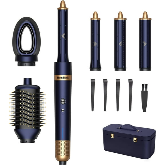 6-in-1 Hair Dryer Brush & Curling Iron Set, Hot Air Styler Hair Curler for Fast Drying, Smoothing & Volumizing, No Heat Damage, Professional Blowout Tool with Travel Case - Prussian Blue