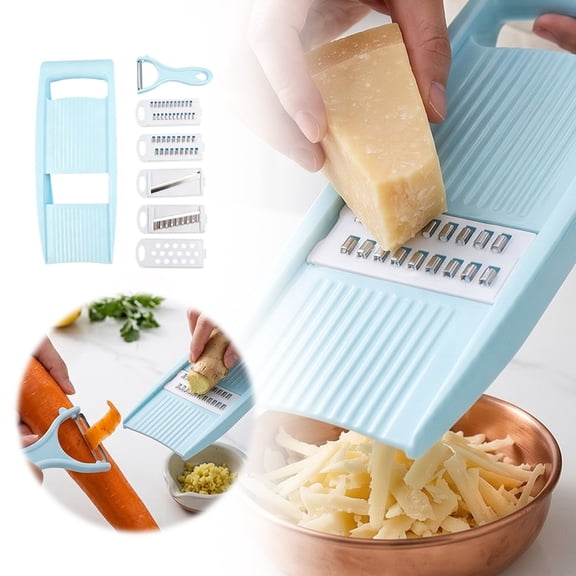 6-in-1 Handheld Vegetable Slicer with 5 Interchangeable Stainless Steel Blades & Bonus Fruit Peeler, Multi Functional Kitchen Grater Cutter for Potato Carrot Onion Cucumber, Blue