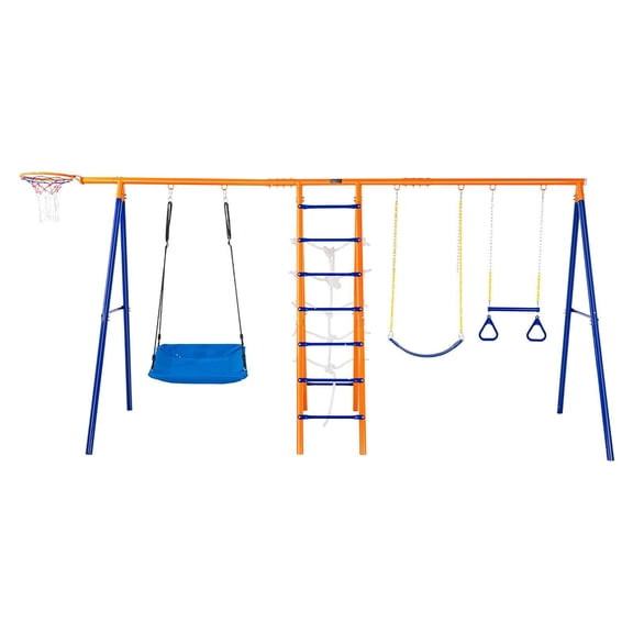 6 in 1 Heavy Duty Metal Swing Set for Backyard with 2 Swings Trapeze Bar Climbing Ladder Net Basketball Hoop 440lbs Capacity for Kids Ages 3+