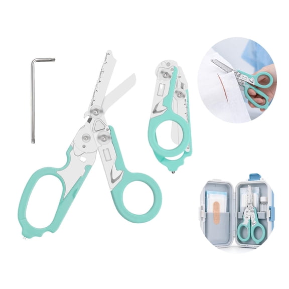 6-in-1 Heavy Duty Trauma Shears Folding Retractable Emergency Shears, Outdoor Camping Tools with Seat Belt Cutter & Oxygen Cylinder Wrench, Includes Complimentary Adjustable Wrench (Aqua Blue)