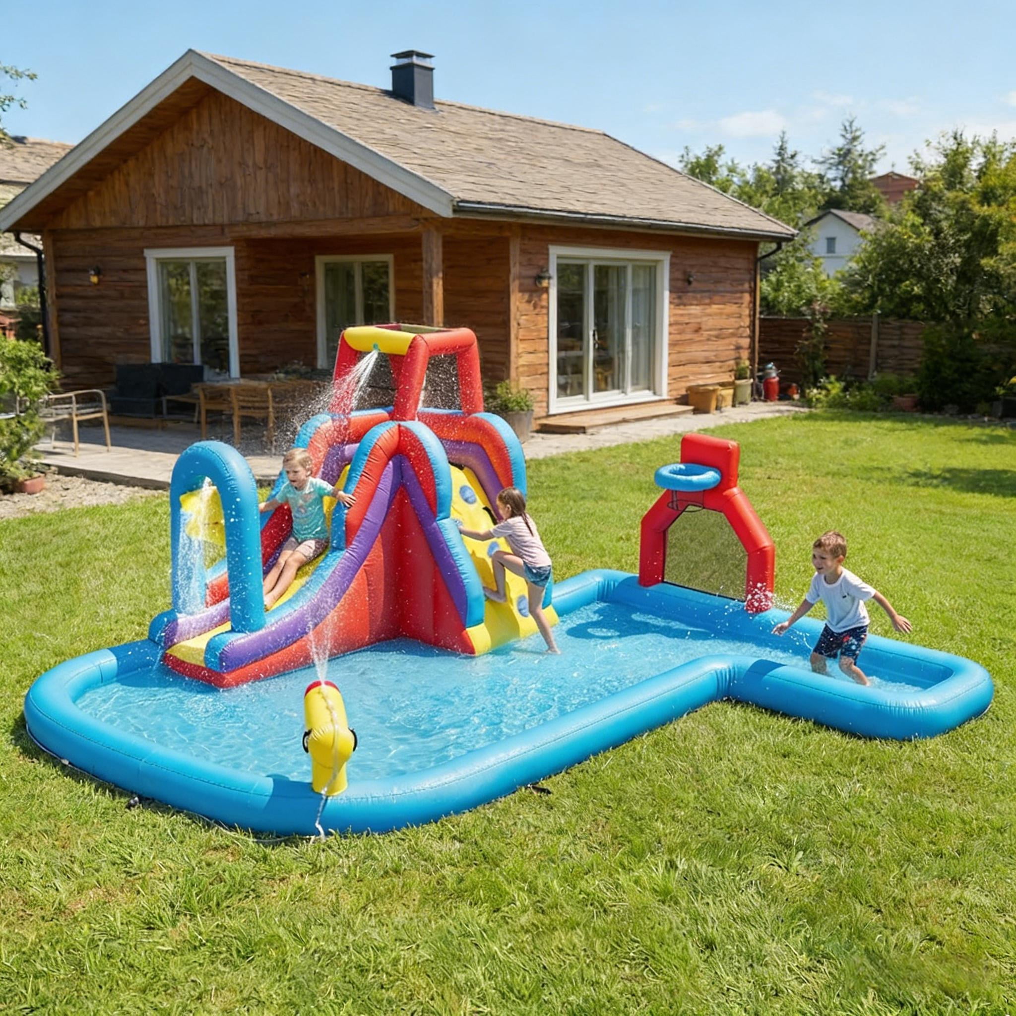 6-in-1 Inflatable Water Park Bouncy Castle, Oxford Fabric Water Slide with Pool, Climbing Wall & Basketball Hoop, 480W Blower for Kids Ages 3-8 Backyard Party