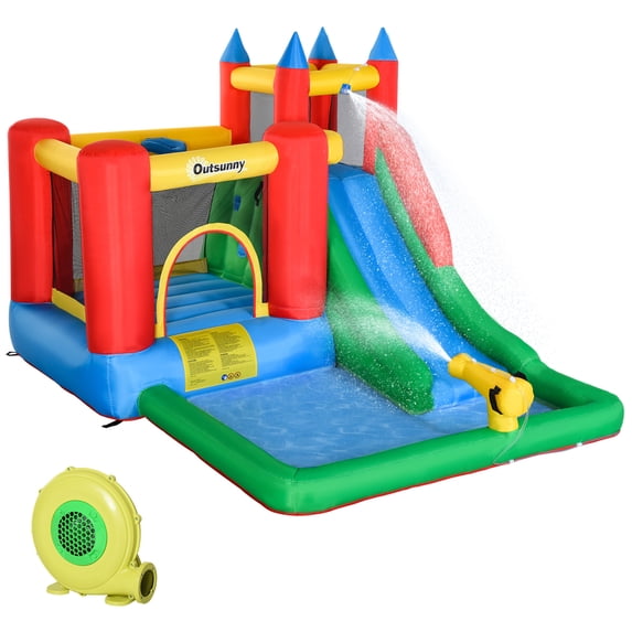 6-in-1 Kids Bounce House Inflatable Water Slide with Pool, Water Cannon, Climbing Wall & Basketball Hoop, Inflator Included, Backyard Outdoor Water Park