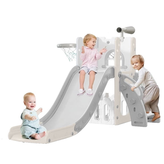 6 in 1 Kids Indoor Slide for Toddlers 1-3,Grey,Baby Slide for Indoor Outdoor with Basketball Hoop and Telescope,L Shaped Slide