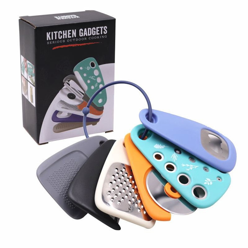 6-in-1 Kitchen Gadget Set - Vegetable Peeler, Pizza Cutter, Cheese Grater, Garlic Press, Bottle Opener & Herb Chopper, Multifunctional Cooking Tools